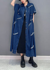 Abrigo vaquero rasgado de algodón extragrande azul marino de talla grande, ropa de abrigo de manga corta